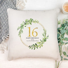 Personalised 16th Birthday Gift for her Cushion Gold Wreath Design