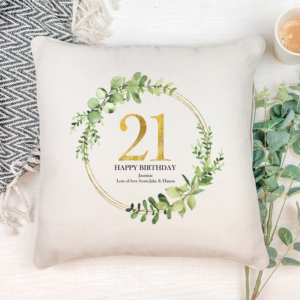 Personalised 21st Birthday Gift for her Cushion Gold Wreath Design