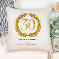 Personalised 30th Birthday Gift for Him Cushion Gold Wreath Design