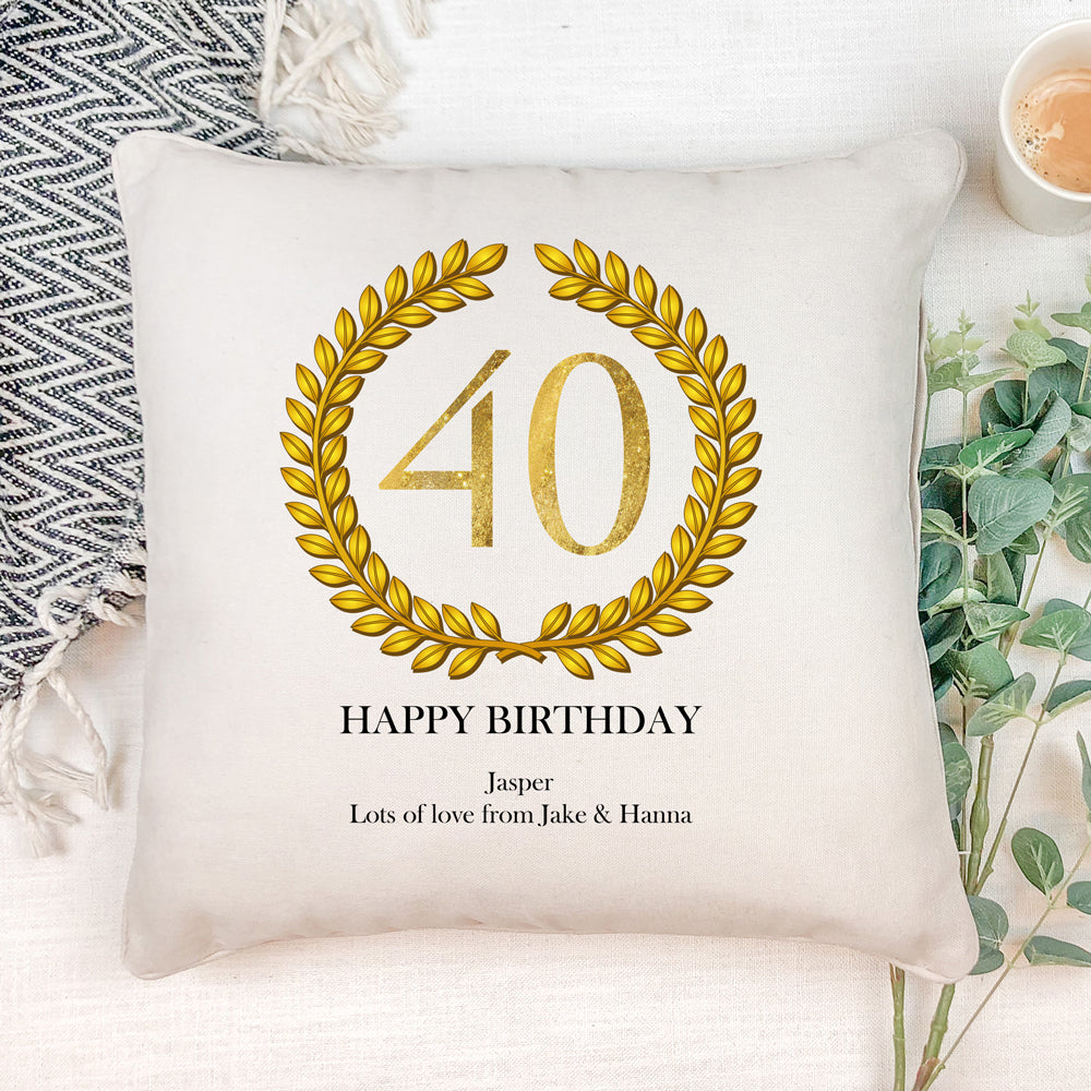Personalised 40th Birthday Gift for Him Cushion Gold Wreath Design