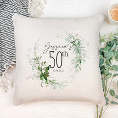 Personalised 50th Birthday Botanical Design Cushion Gift