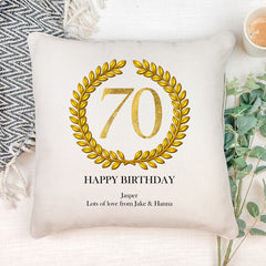 Personalised 70th Birthday Gift for Him Cushion Gold Wreath Design