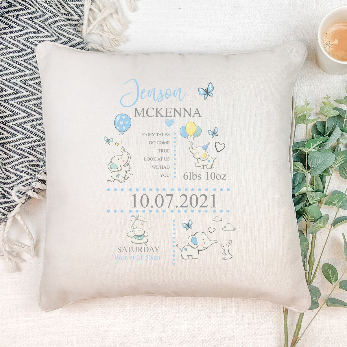 Personalised Baby Boy Elephants Design Cushion Gift