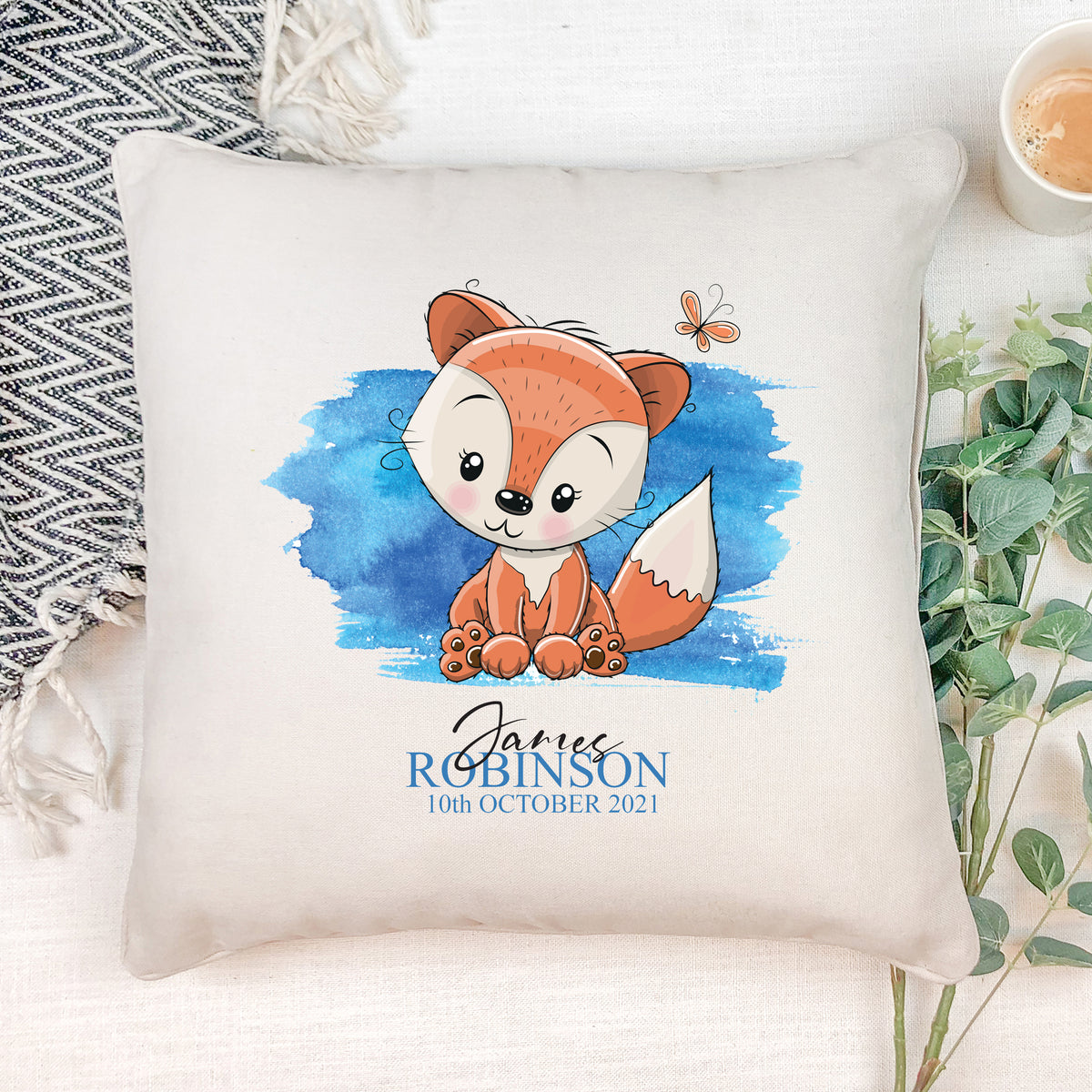 Personalised Baby Boy Cute Fox Design Cushion Gift