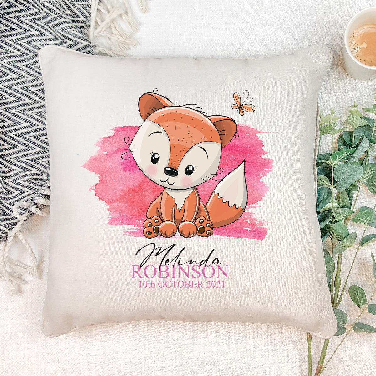 Personalised Baby Girl Cute Fox Design Cushion Gift