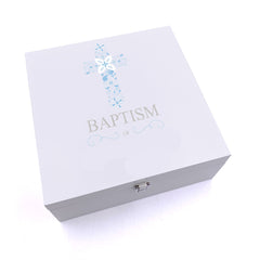 ukgiftstoreonline Personalised Baptism Blue Ornate Cross Keepsake Wooden Box