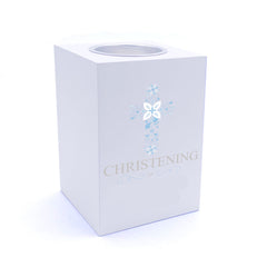 Personalised Christening Blue Ornate Cross Design Tea Light Holder