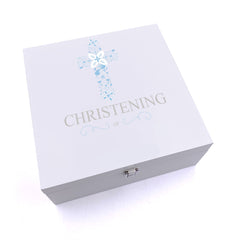 ukgiftstoreonline Personalised Christening Blue Ornate Cross Design Keepsake Wooden Box