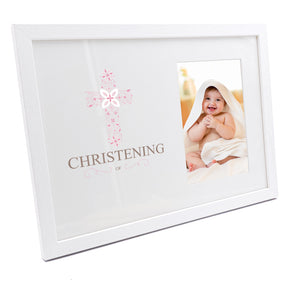 Personalised Christening Pink Ornate Cross Design Photo Frame