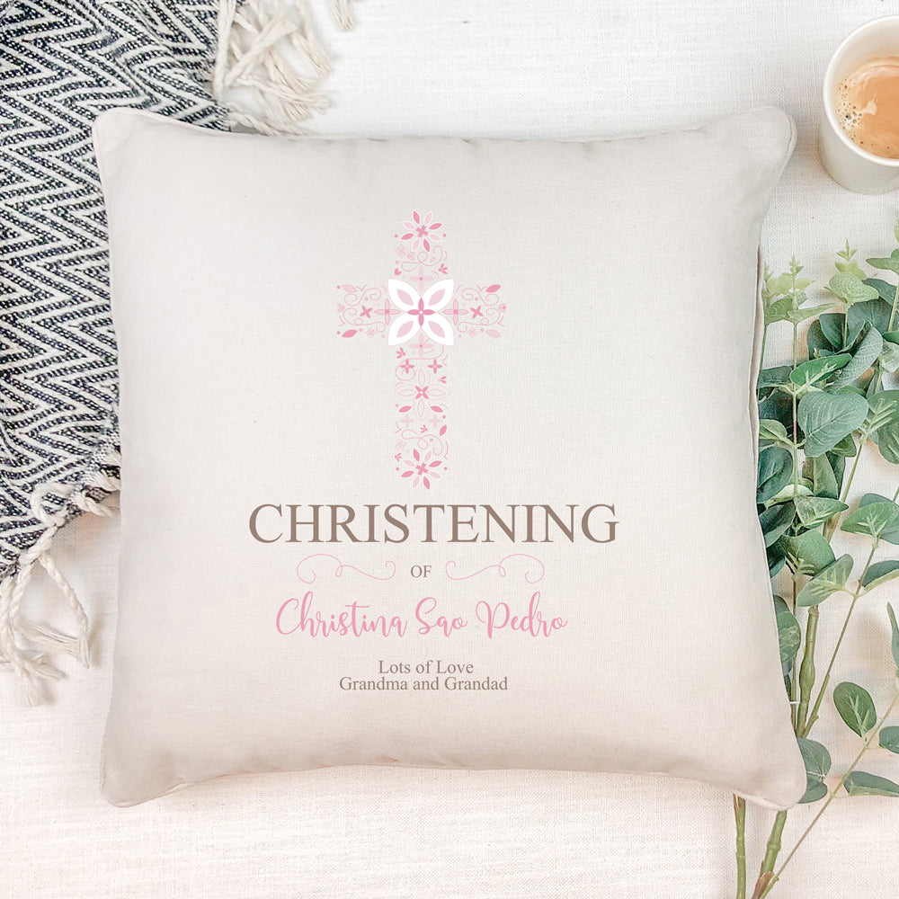 Personalised Christening Pink Ornate Cross Design Cushion Gift