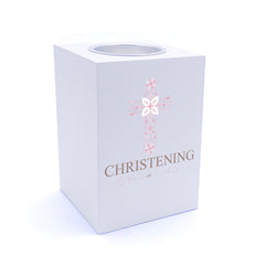 Personalised Christening Pink Ornate Cross Design Tea Light Holder