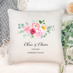 Personalised Pink Flower Wedding Cushion Gift