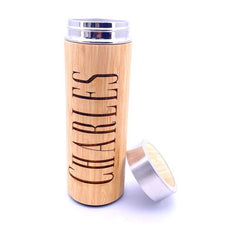 Personalised Water Bottle Any Name in Modern Font Gift Bamboo and Metal Gift for Him