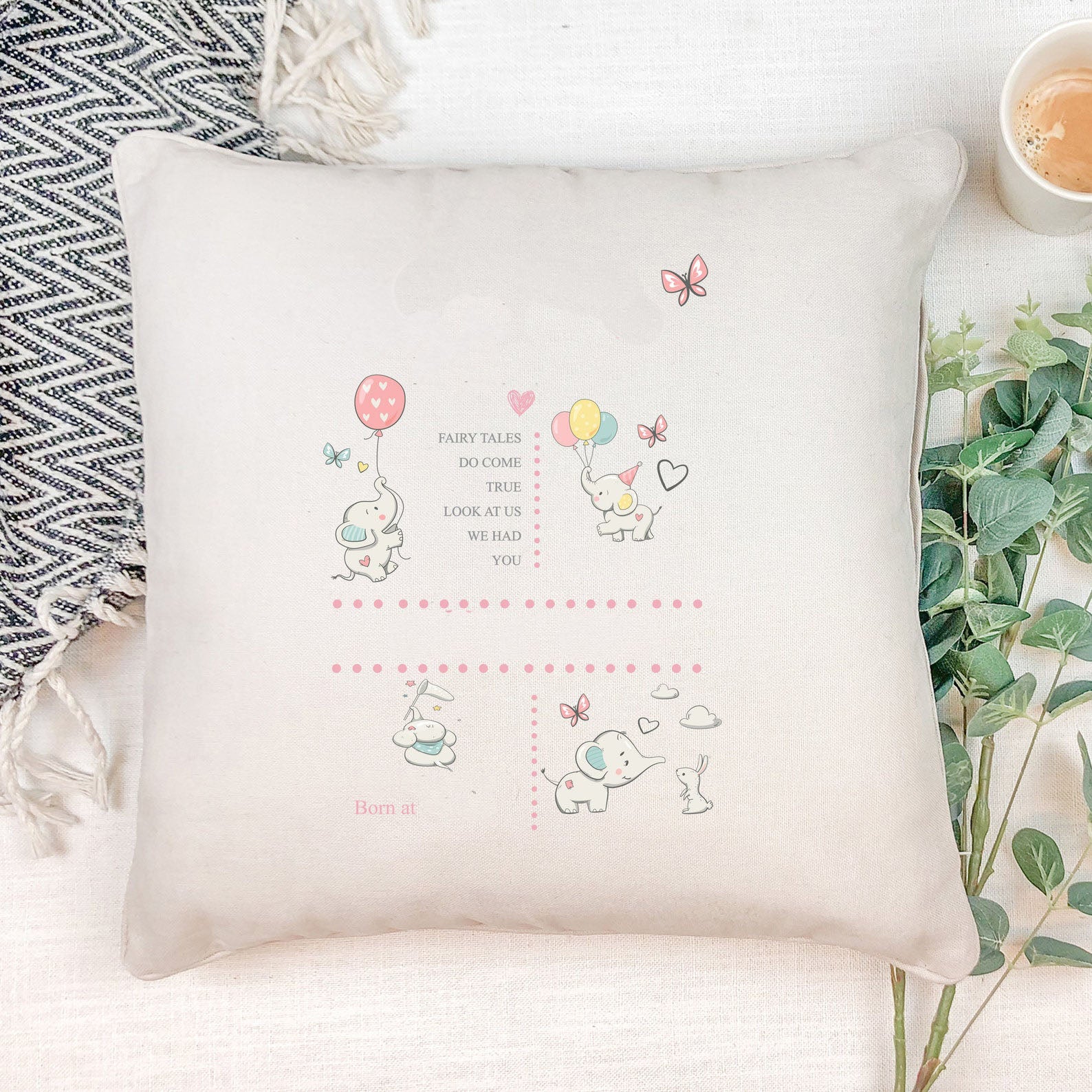 Personalised Baby Girl Elephants Design Cushion Gift