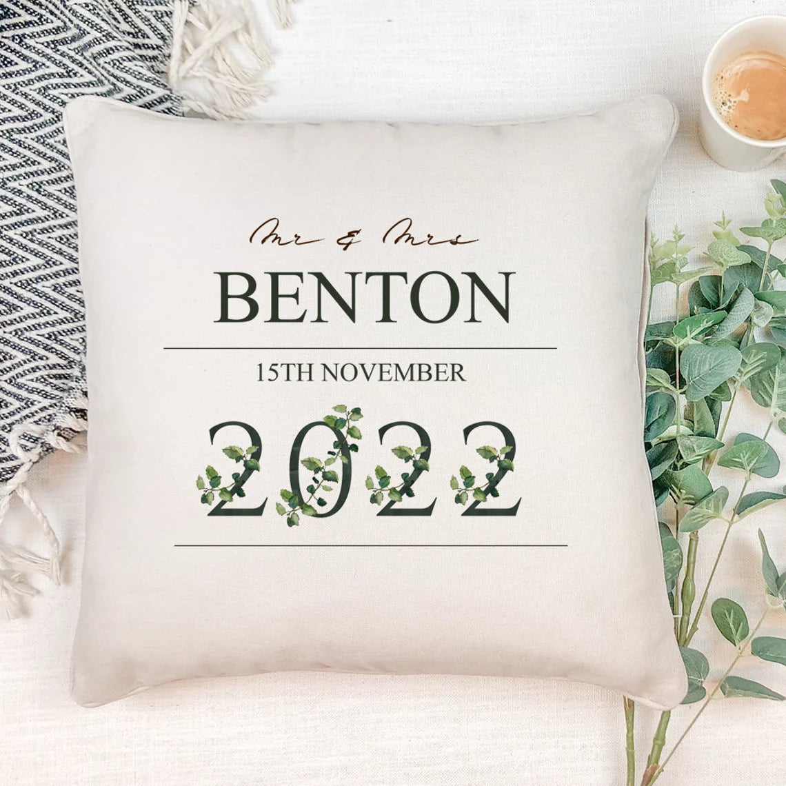 Personalised Wedding Keepsake Cushion Gift With Leaf Numbers