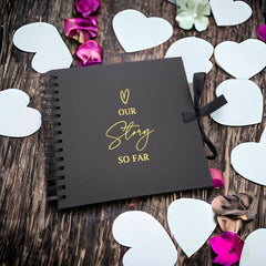 Our Story So Far Love Themed Black Scrapbook Guest Book Photo Album Gold Script