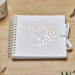 Mr and Mrs Wedding White Scrapbook Guest Book Photo Album Gold Script Butterfly Design - 