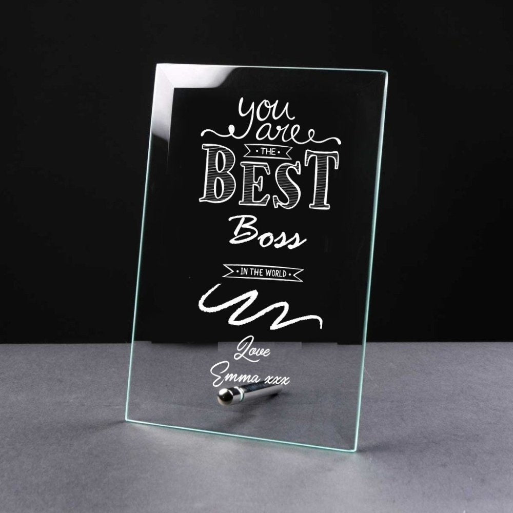 Best Boss Gift Sentiment Personalised Engraved Glass Plaque - ukgiftstoreonline