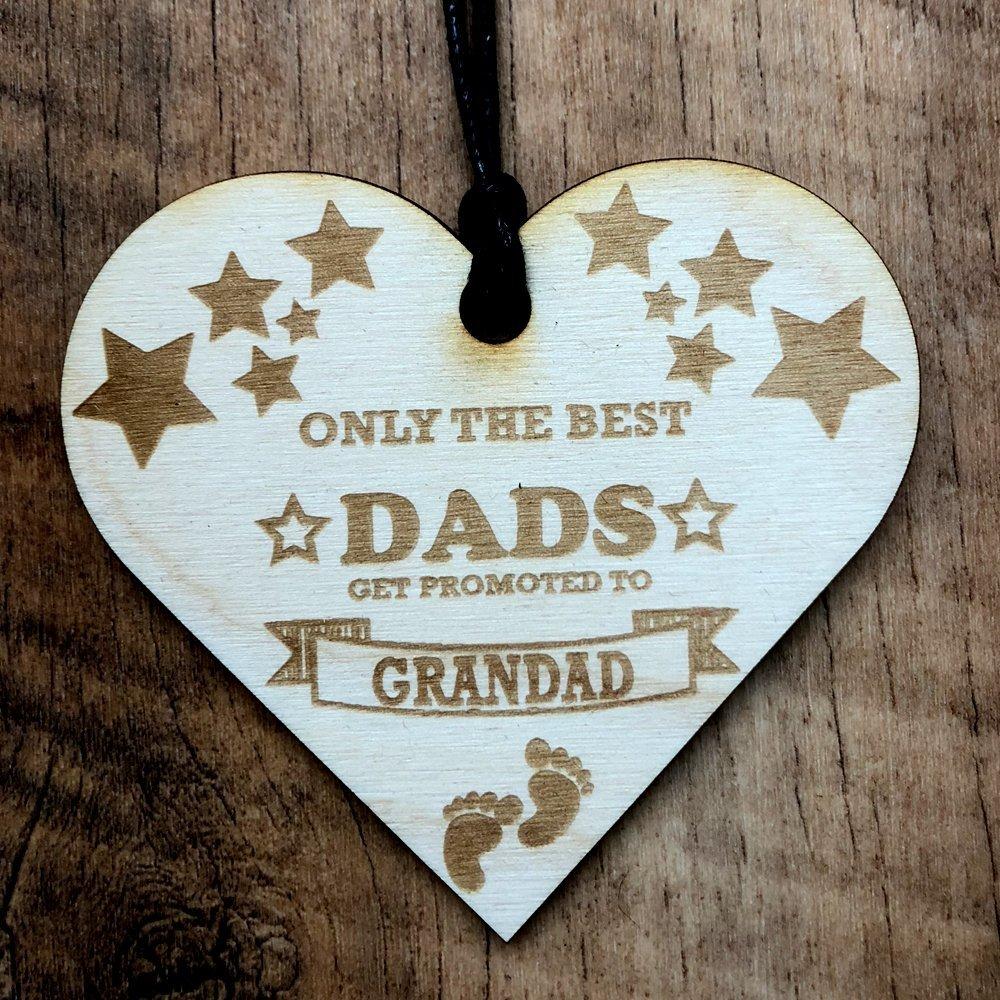 Best Dads Promoted To Grandad Wooden Hanging Heart Plaque Gift - ukgiftstoreonline