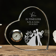 Personalised Engraved Heart Crystal Glass Clock Wedding Gift Or Wedding Present