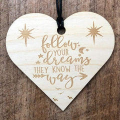 Follow Your Dreams Wooden Heart Plaque Gift - ukgiftstoreonline
