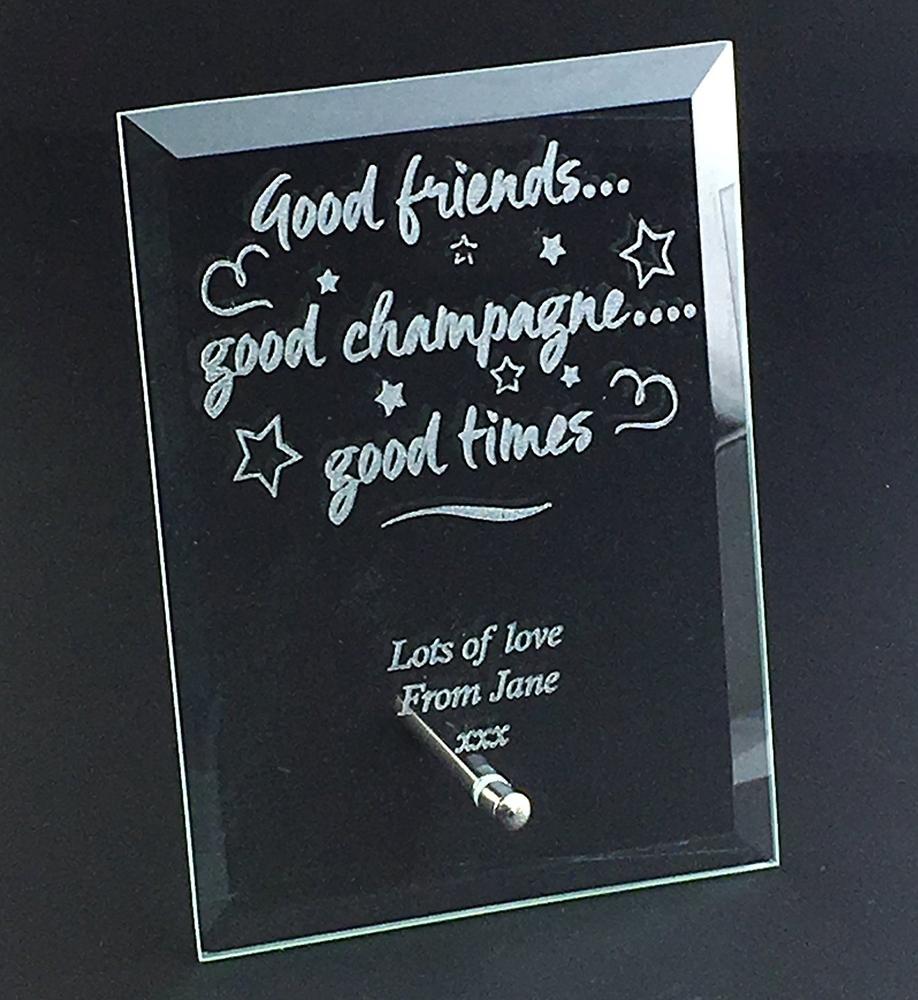 Good Friends and Champagne Personalised Engraved Glass Plaque Gift - ukgiftstoreonline