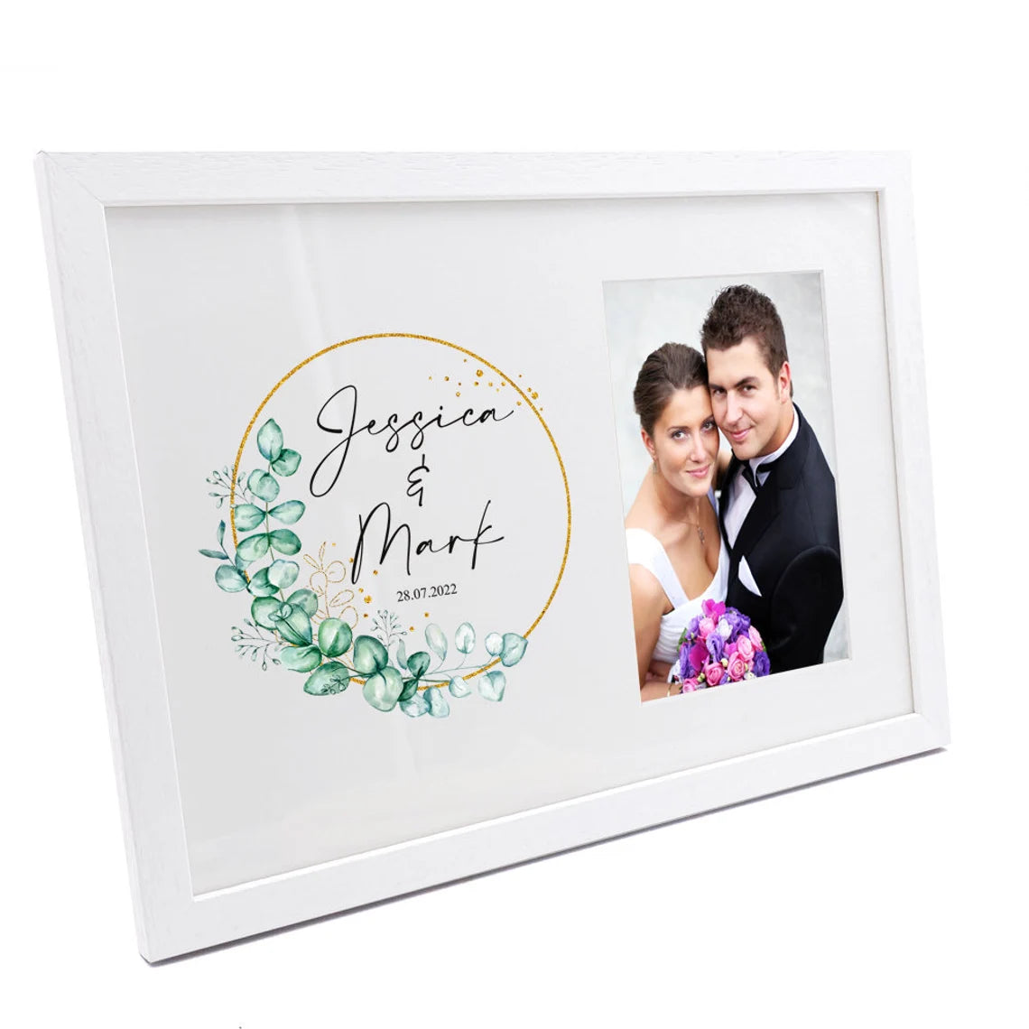 Personalised Wedding Photo Frame Gift With Eucalyptus Wreath Design
