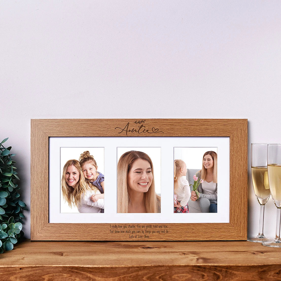 Personalised Auntie Sentiment Wooden Triple Photo Frame Engraved