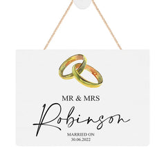 ukgiftstoreonline Personalised Wedding Hanging Rope Plaque Gift with Gold Ring Design