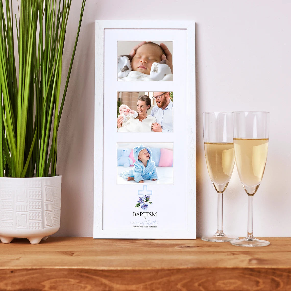 Personalised Baptism Day Triple Photo Frame With Blue Cross
