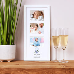 Personalised Baptism Day Triple Photo Frame With Blue Cross