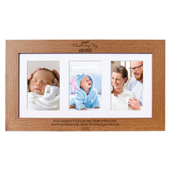Personalised Christening Day Wooden Triple Photo 6 x 4 Frame Engraved Brown Oak Finish