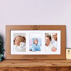 Personalised Christening Day Wooden Triple Photo 6 x 4 Frame Engraved Brown Oak Finish