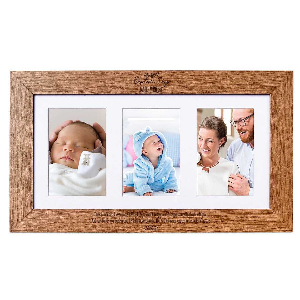 Personalised Baptism Day Wooden Triple Photo 6 x 4 Frame Engraved Brown Oak Finish