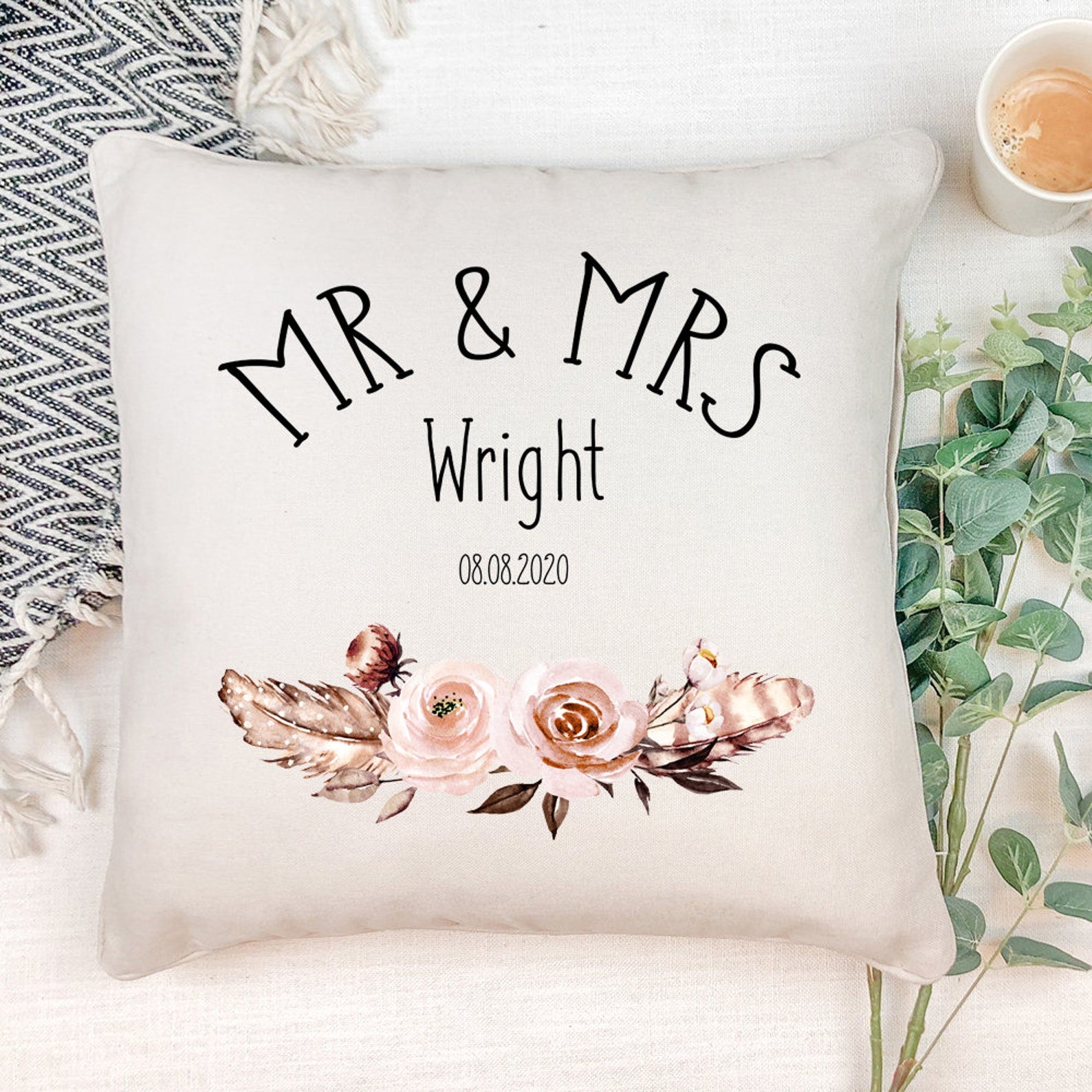 personalised Boho Style Mr and Mrs Wedding Cushion Gift