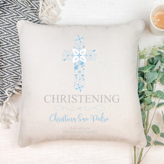 Personalised Christening Blue Ornate Cross Design Cushion Gift