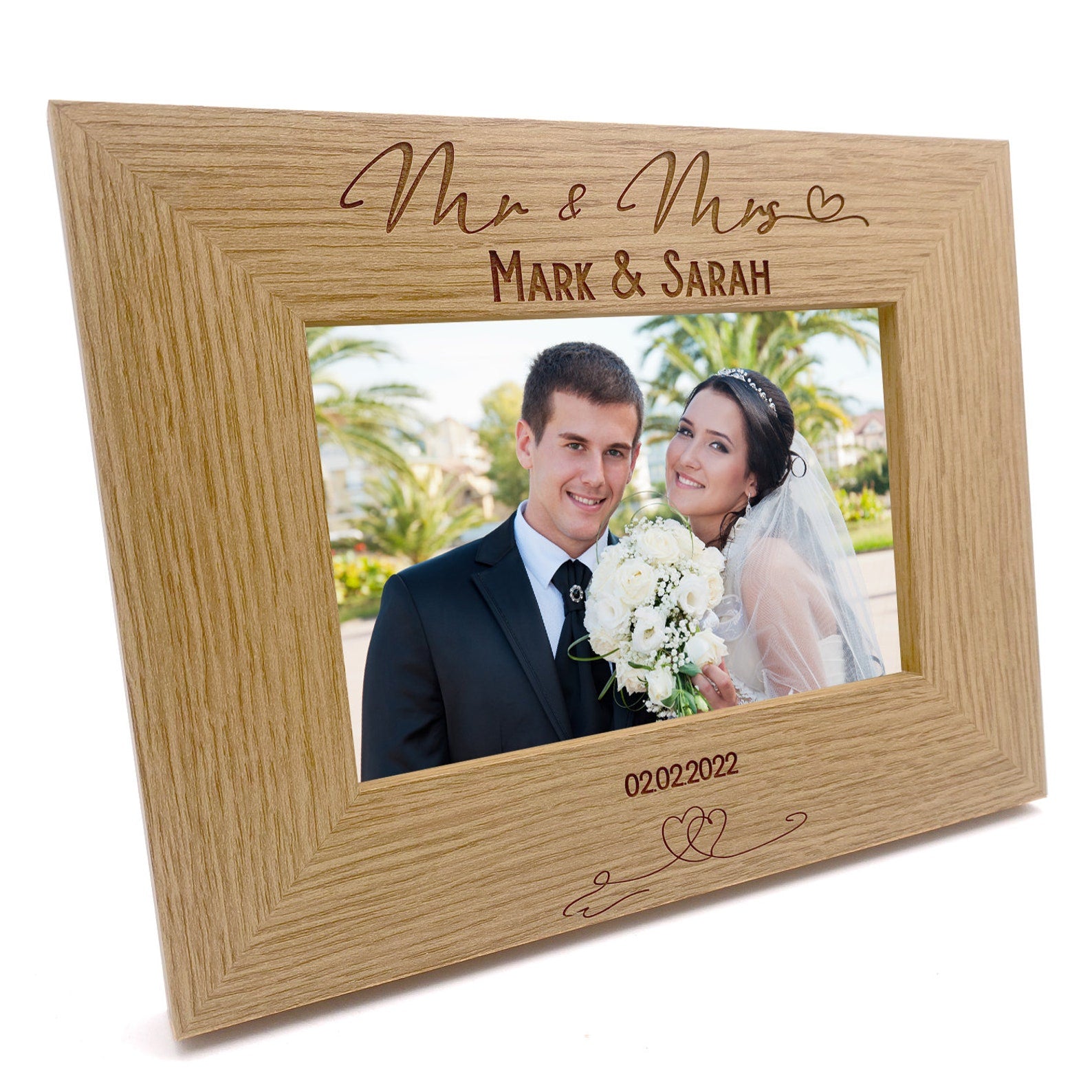Mr and Mrs Love Heart Wedding Photo Frame Gift Landscape Engraved Wooden FW622