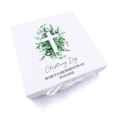 Personalised Christening Keepsake Box Gift With Cross and Eucalyptus