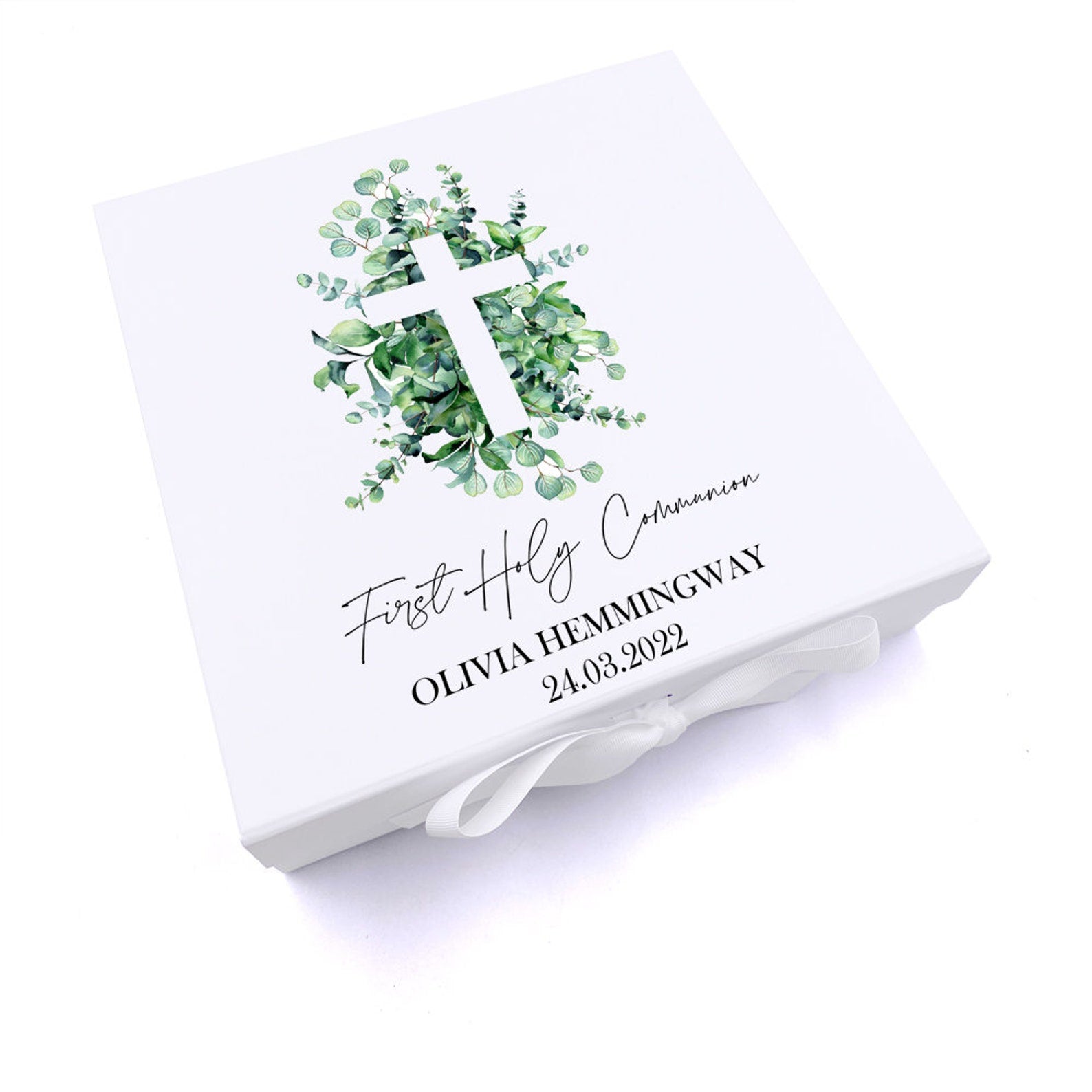 Personalised First Holy Communion Keepsake Box Gift With Cross and Eucalyptus