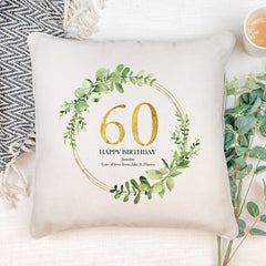 Personalised 60th Birthday Gift for her Cushion Gold Wreath Design