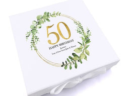 Personalised 50th Birthday Gift for her Keepsake Memory Box Gold Wreath Design