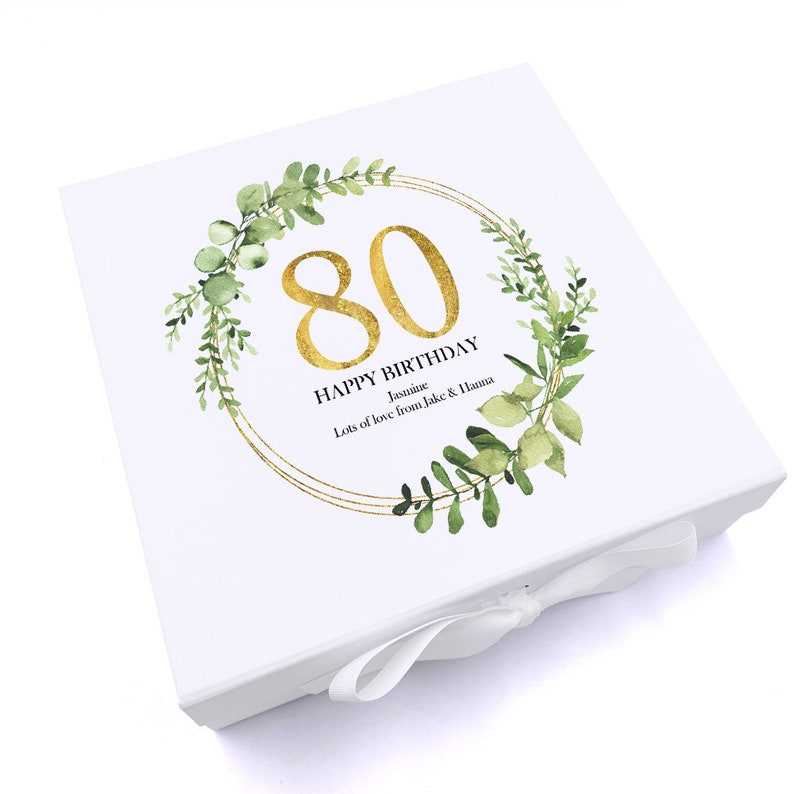 Personalised 80th Birthday Gift for her Keepsake Memory Box Gold Wreath Design