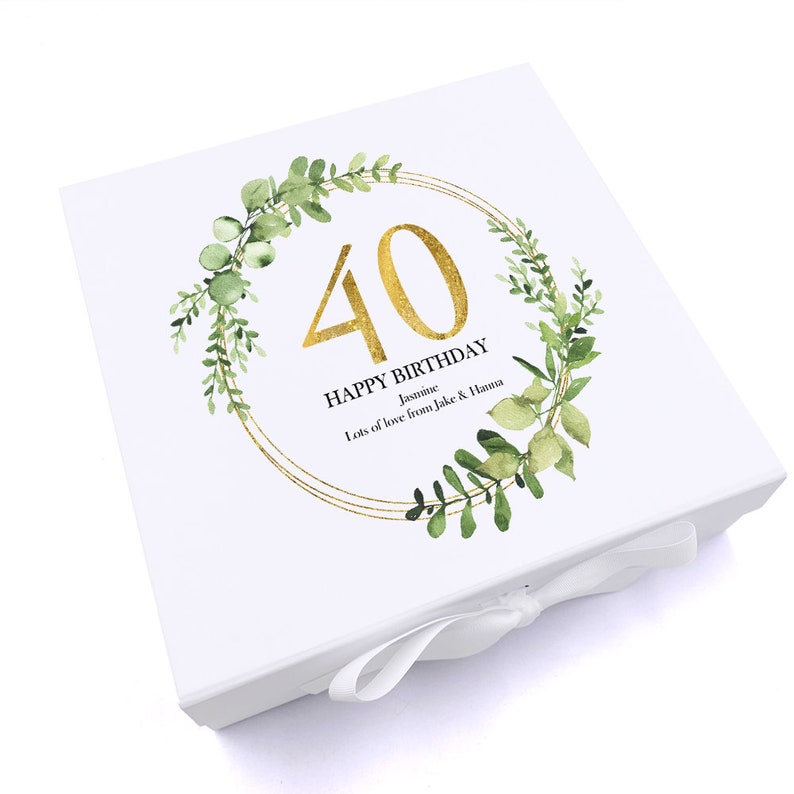 Personalised 40th Birthday Gift for her Keepsake Memory Box Gold Wreath Design