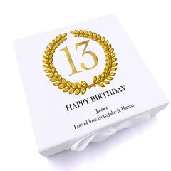 Personalised 13th Birthday Gift for him Keepsake Memory Box Gold Wreath Design
