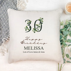 Personalised 30th Birthday Green Leaf Design Cushion Gift