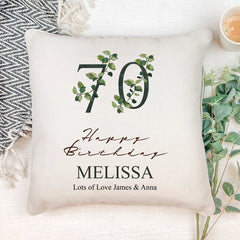 Personalised 70th Birthday Green Leaf Design Cushion Gift