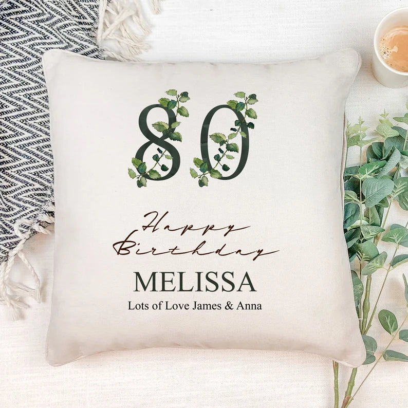 Personalised 80th Birthday Green Leaf Design Cushion Gift