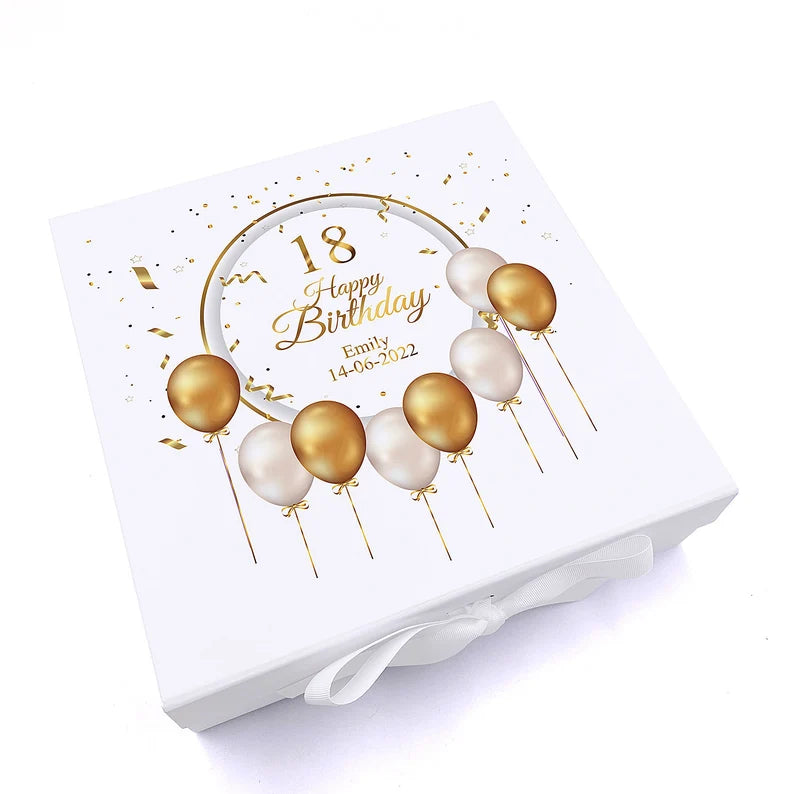 Personalised 18th Birthday Keepsake Box Gift With Gold Balloons