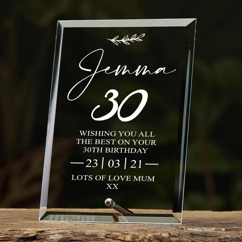 30th Birthday Personalised Glass Plaque Gift With Sentiment
