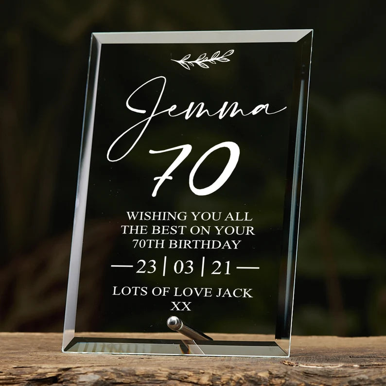 70th Birthday Personalised Glass Plaque Gift With Sentiment